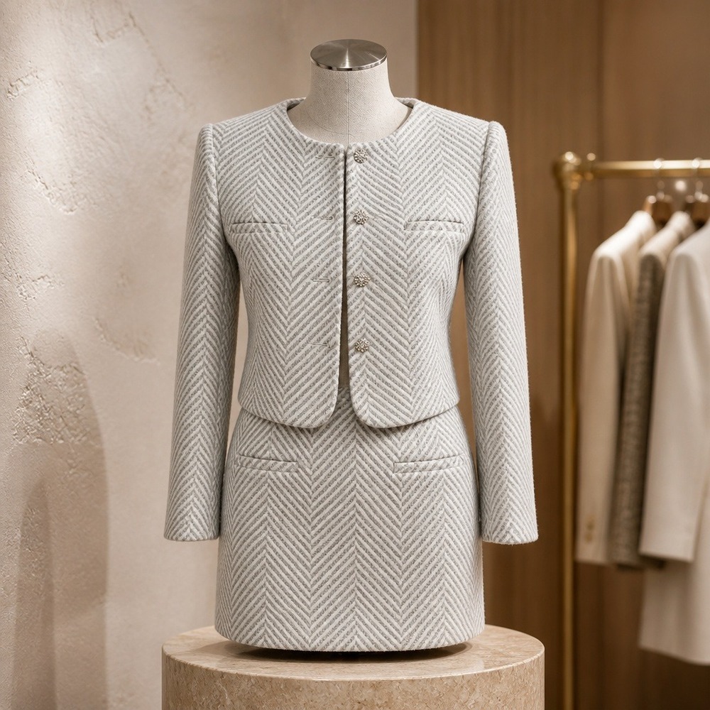Tiffany Studios Womens Grey Herringbone Cropped Jacket and Mini Skirt Set